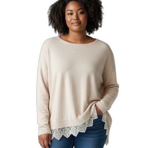 Lane Bryant Cream Long Sleeve Pullover Lightweight Sweater with Lace Trim 18/20